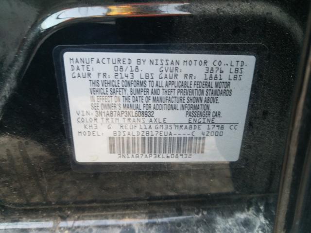 Photo 10 from auction – 2019 NISSAN SENTRA S with VIN 3N1AB7AP3KL608932