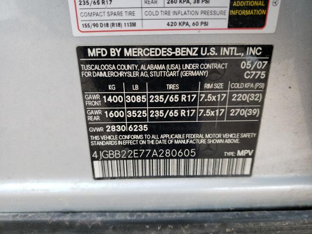 Photo 10 from auction – 2007 MERCEDES-BENZ ML 320 CDI with VIN 4JGBB22E77A280605