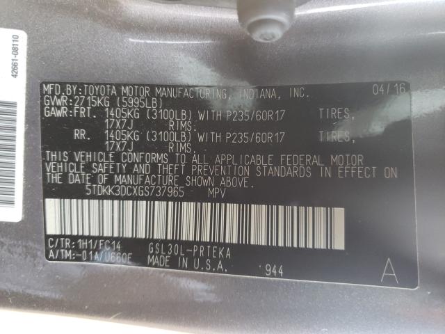 Photo 10 from auction – 2016 TOYOTA SIENNA LE with VIN 5TDKK3DCXGS737965