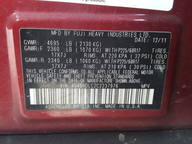 Photo 10 from auction – 2012 SUBARU OUTBACK 3. with VIN 4S4BRDLC2C2237976