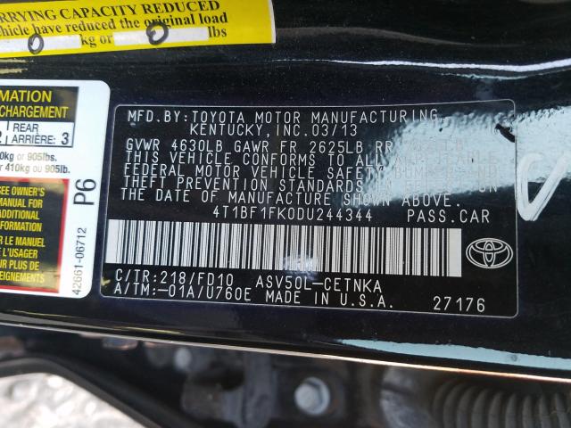 Photo 10 from auction – 2013 TOYOTA CAMRY L with VIN 4T1BF1FK0DU244344