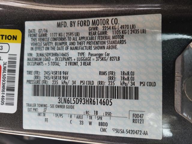 Photo 10 from auction – 2017 LINCOLN MKZ SELECT with VIN 3LN6L5D93HR614605