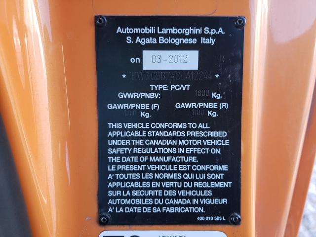 Photo 10 from auction – 2012 LAMBORGHINI GALLARDO with VIN ZHWGC5BZ4CLA12244