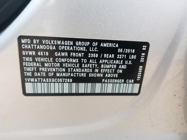 Photo 10 from auction – 2016 VOLKSWAGEN PASSAT with VIN 1VWAT7A3XGC057289