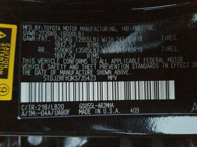 Photo 10 from auction – 2019 TOYOTA HIGHLANDER with VIN 5TDJZRFH3KS735423