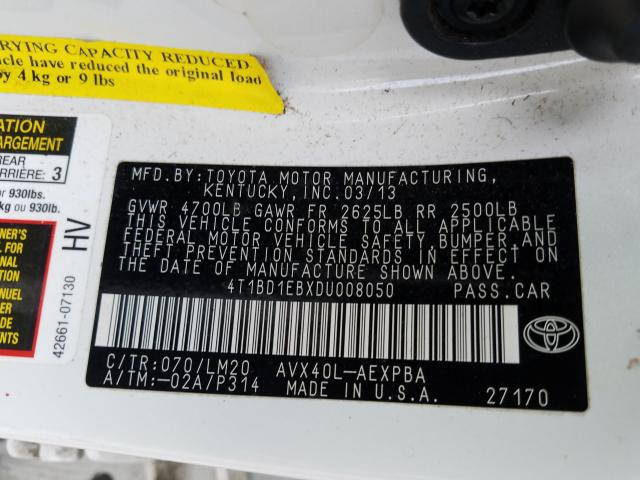 Photo 10 from auction – 2013 TOYOTA AVALON HYB with VIN 4T1BD1EBXDU008050