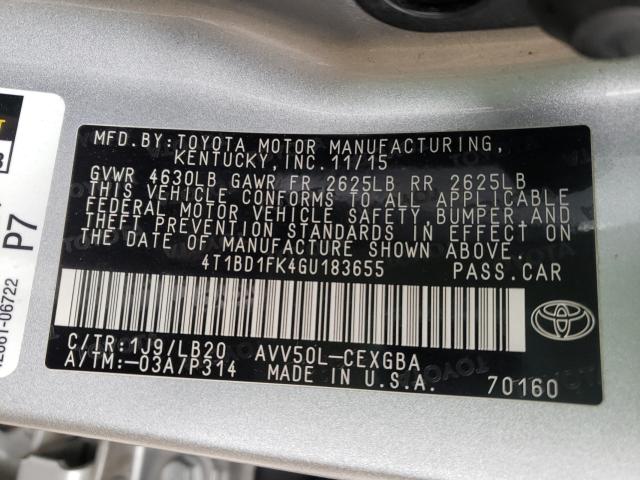 Photo 10 from auction – 2016 TOYOTA CAMRY HYBR with VIN 4T1BD1FK4GU183655