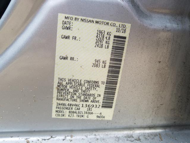 Photo 10 from auction – 2019 NISSAN ALTIMA S with VIN 1N4BL4BV4KC136932