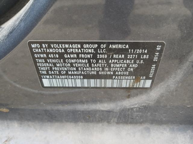 Photo 10 from auction – 2015 VOLKSWAGEN PASSAT S with VIN 1VWAT7A36FC043209