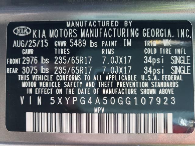 Photo 10 from auction – 2016 KIA SORENTO LX with VIN 5XYPG4A50GG107923