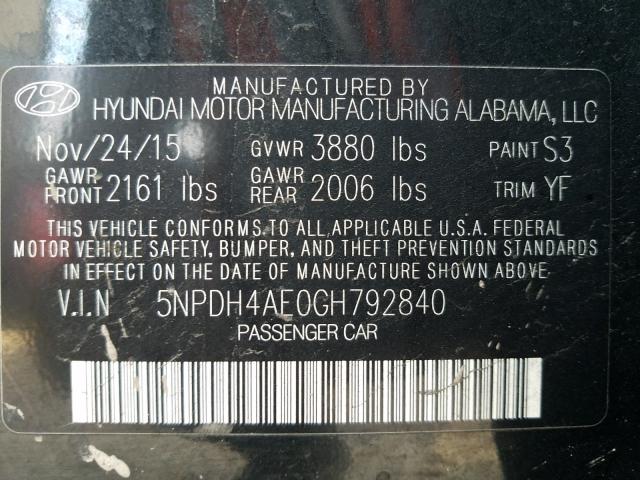 Photo 10 from auction – 2016 HYUNDAI ELANTRA SE with VIN 5NPDH4AE0GH792840