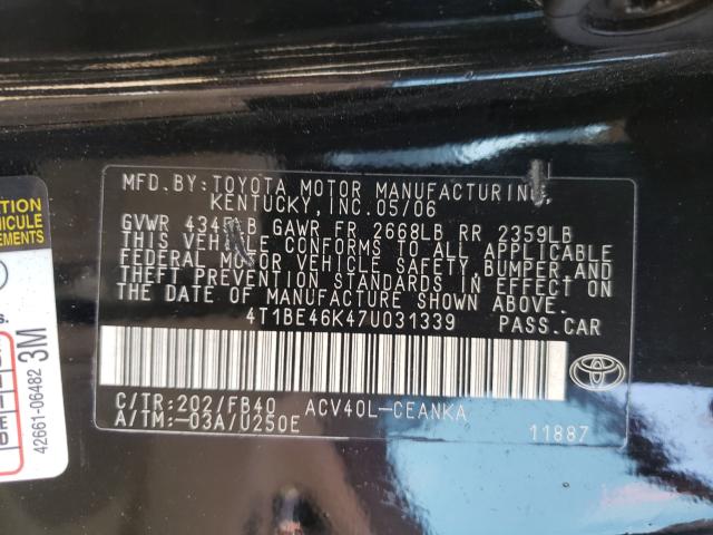 Photo 10 from auction – 2007 TOYOTA CAMRY CE with VIN 4T1BE46K47U031339