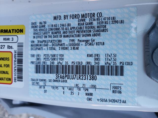 Photo 10 from auction – 2020 FORD FUSION SE with VIN 3FA6P0LU7LR231380