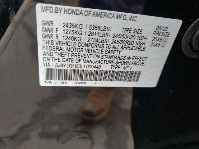 Photo 10 from auction – 2020 ACURA MDX TECHNO with VIN 5J8YD3H53LL009448