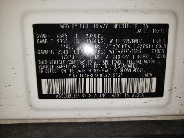 Photo 10 from auction – 2012 SUBARU OUTBACK 2. with VIN 4S4BRCKC0C3215335