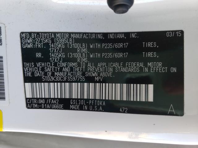 Photo 10 from auction – 2015 TOYOTA SIENNA with VIN 5TDZK3DC3FS597755