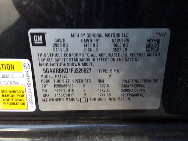 Photo 10 from auction – 2015 BUICK ENCLAVE with VIN 5GAKRBKD1FJ226627