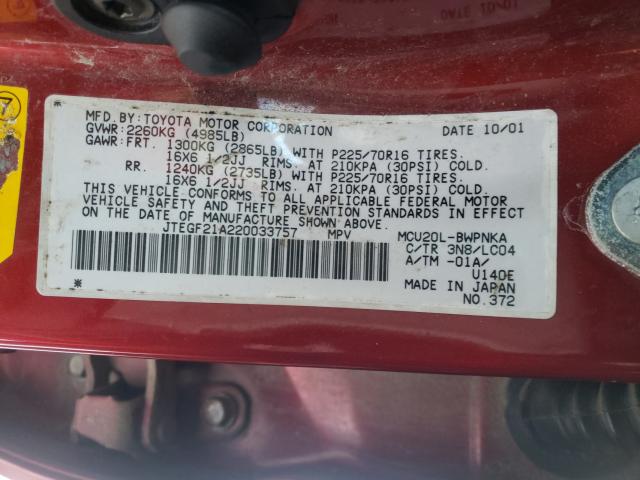 Photo 10 from auction – 2002 TOYOTA HIGHLANDER with VIN JTEGF21A220033757