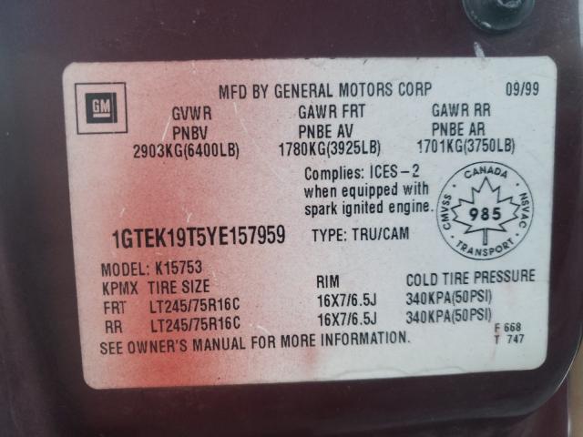 Photo 10 from auction – 2000 GMC NEW SIERRA with VIN 1GTEK19T5YE157959