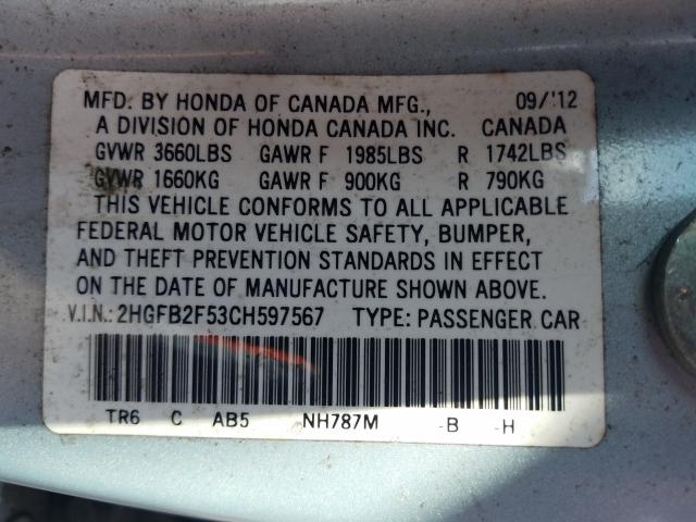 Photo 10 from auction – 2012 HONDA CIVIC LX with VIN 2HGFB2F53CH597567