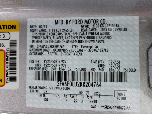 Photo 10 from auction – 2019 FORD FUSION SE with VIN 3FA6P0LU2KR204764