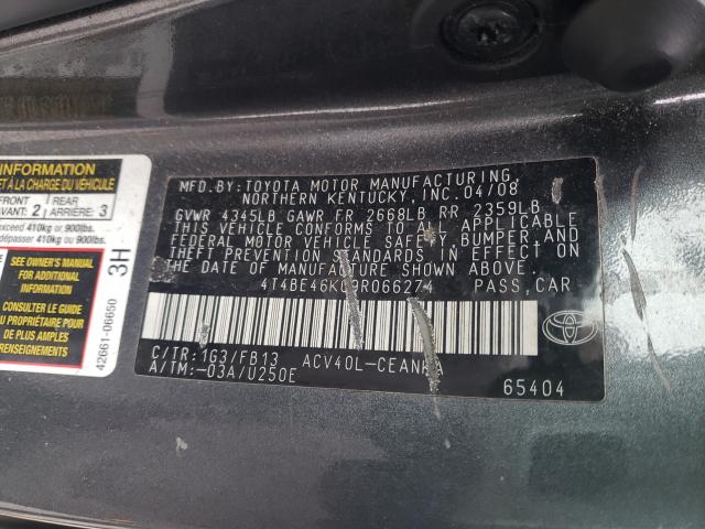 Photo 10 from auction – 2009 TOYOTA CAMRY BASE with VIN 4T4BE46K09R066274