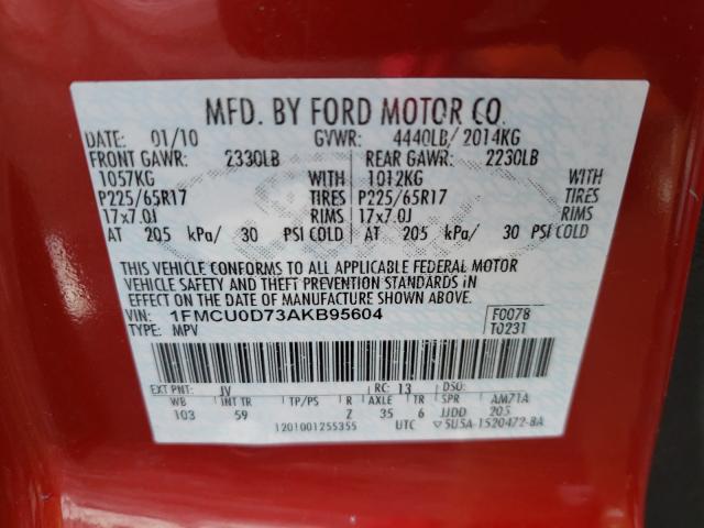 Photo 10 from auction – 2010 FORD ESCAPE XLT with VIN 1FMCU0D73AKB95604
