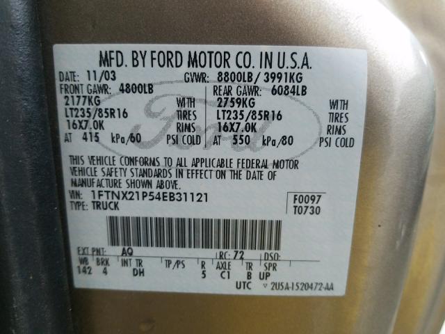 Photo 10 from auction – 2004 FORD F250 SUPER with VIN 1FTNX21P54EB31121