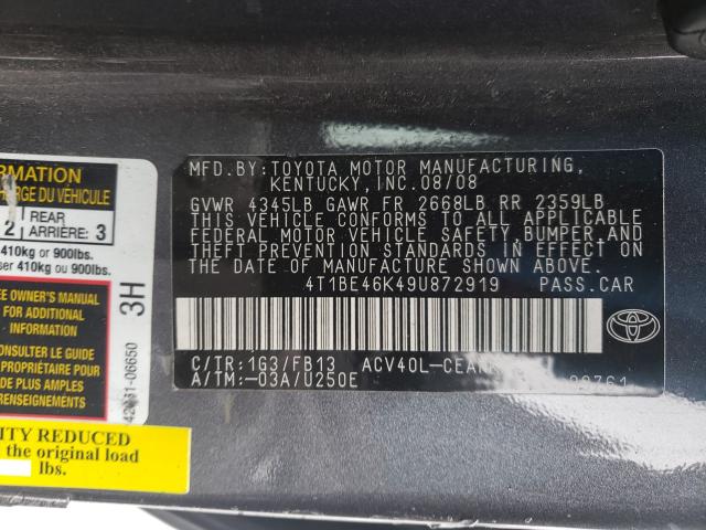 Photo 10 from auction – 2009 TOYOTA CAMRY BASE with VIN 4T1BE46K49U872919