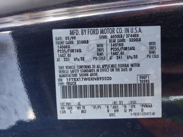 Photo 10 from auction – 1999 FORD F150 with VIN 1FTRX17W0XNB95520