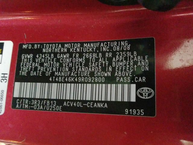Photo 10 from auction – 2009 TOYOTA CAMRY BASE with VIN 4T4BE46K49R092800