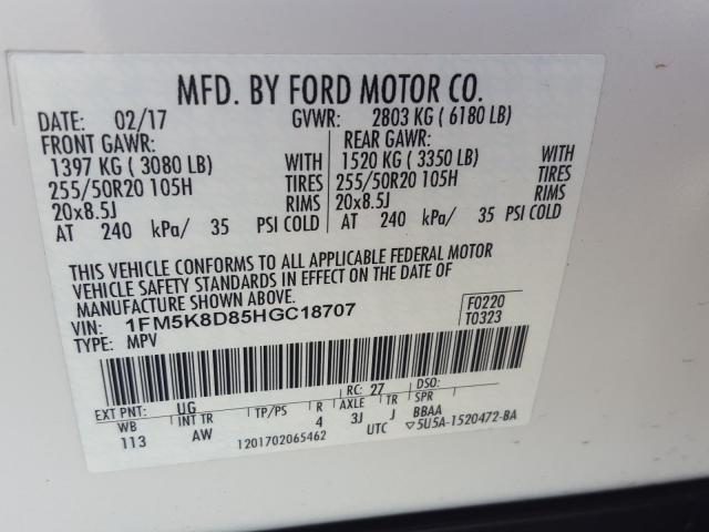 Photo 10 from auction – 2017 FORD EXPLORER X with VIN 1FM5K8D85HGC18707