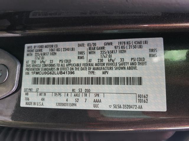 Photo 10 from auction – 2020 FORD ESCAPE SE with VIN 1FMCU0G62LUB41396