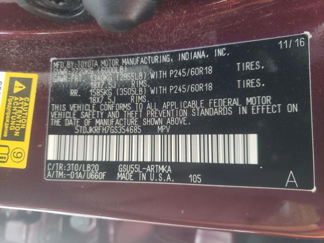 Photo 10 from auction – 2016 TOYOTA HIGHLANDER with VIN 5TDJKRFH7GS354685