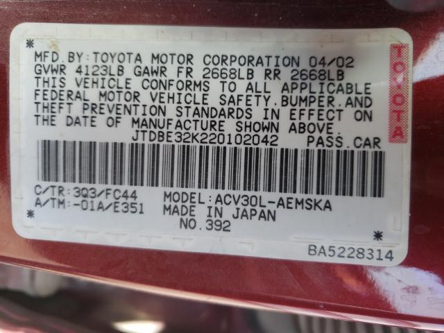 Photo 10 from auction – 2002 TOYOTA CAMRY LE with VIN JTDBE32K220102042