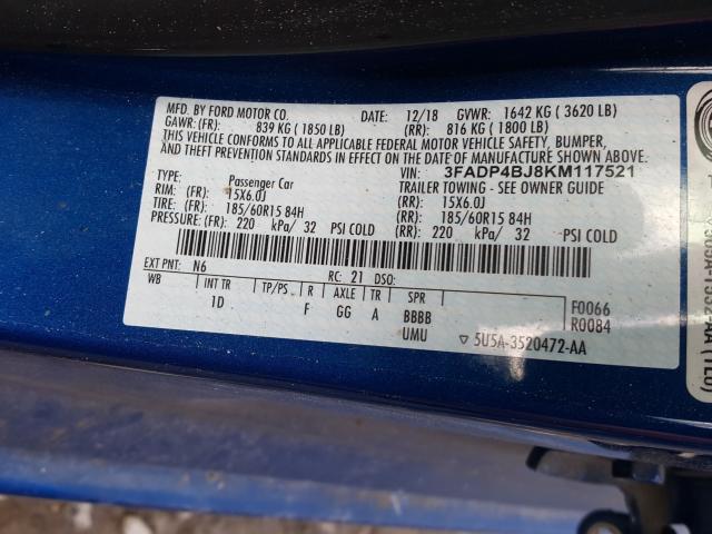 Photo 10 from auction – 2019 FORD FIESTA SE with VIN 3FADP4BJ8KM117521