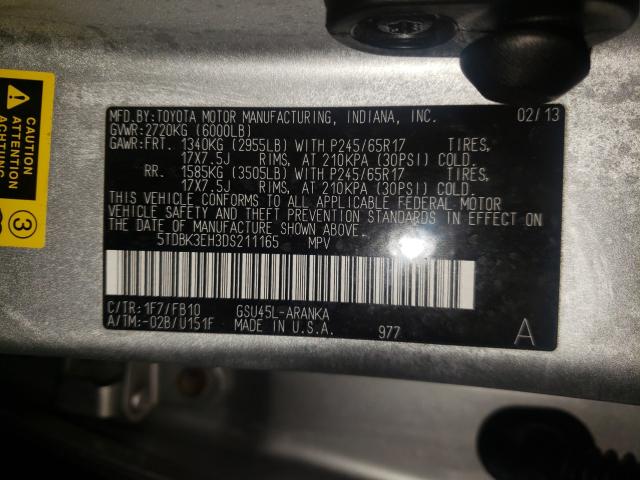 Фото 10 с аукциона – 2013 TOYOTA HIGHLANDER с VIN 5TDBK3EH3DS211165