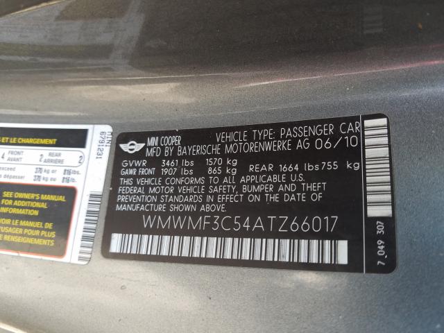 Photo 10 from auction – 2010 MINI COOPER with VIN WMWMF3C54ATZ66017