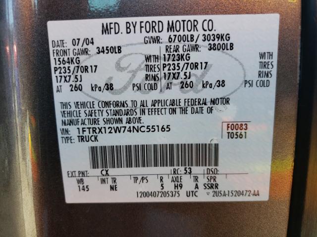 Photo 10 from auction – 2004 FORD F150 with VIN 1FTRX12W74NC55165