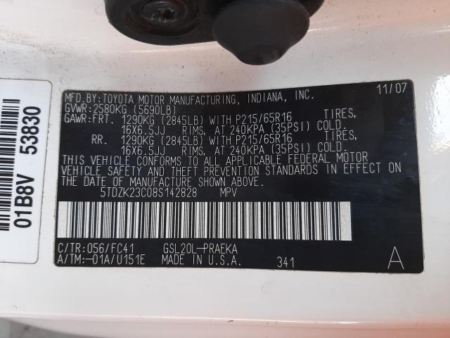 Photo 10 from auction – 2008 TOYOTA SIENNA CE with VIN 5TDZK23C08S142828