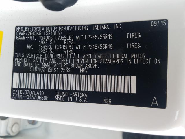 Photo 10 from auction – 2015 TOYOTA HIGHLANDER with VIN 5TDYKRFH5FS112569