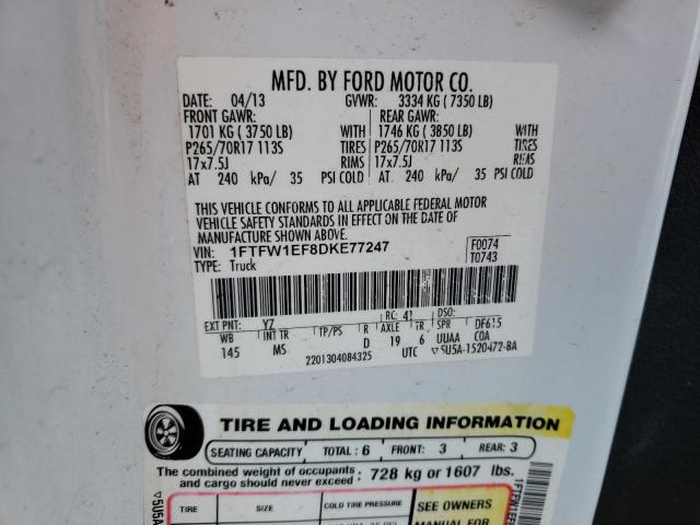 Photo 10 from auction – 2013 FORD F150 with VIN 1FTFW1EF8DKE77247