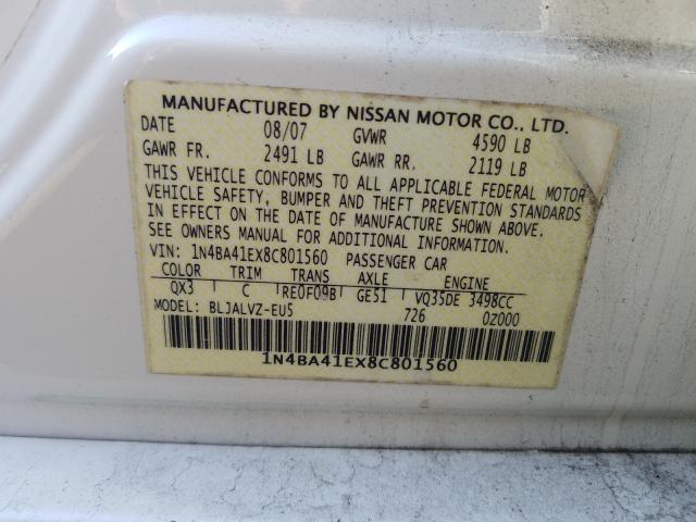 Photo 10 from auction – 2008 NISSAN MAXIMA SE with VIN 1N4BA41EX8C801560