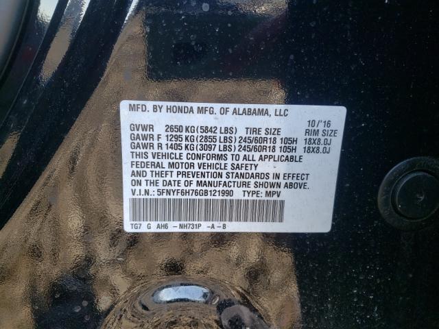 Photo 10 from auction – 2016 HONDA PILOT EXLN with VIN 5FNYF6H76GB121990
