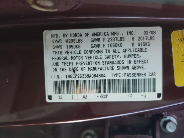 Photo 10 from auction – 2008 HONDA ACCORD with VIN 1HGCP26338A084604