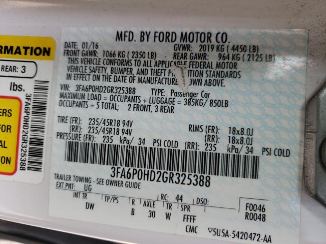 Photo 10 from auction – 2016 FORD FUSION SE with VIN 3FA6P0HD2GR325388