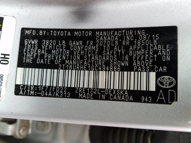 Photo 10 from auction – 2016 TOYOTA COROLLA L with VIN 2T1BURHE1GC494886