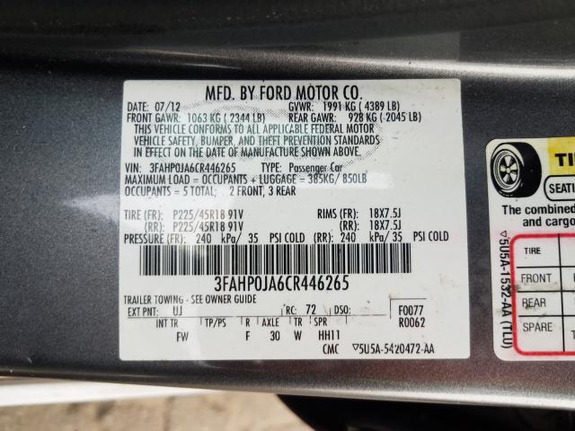 Photo 10 from auction – 2012 FORD FUSION SEL with VIN 3FAHP0JA6CR446265