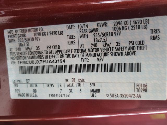 Photo 10 from auction – 2015 FORD ESCAPE TIT with VIN 1FMCU0JX7FUA43194