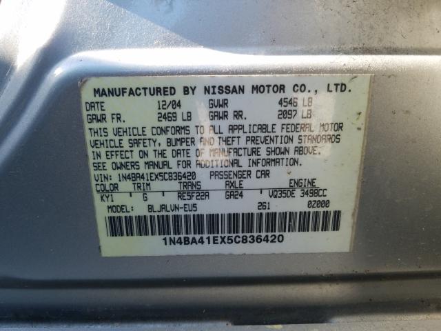 Photo 10 from auction – 2005 NISSAN MAXIMA SE with VIN 1N4BA41EX5C836420
